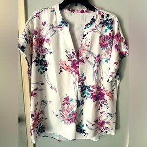 Women’s Casual Floral Blouse, Split V Neckline, Loose Short Sleeve